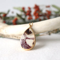 Encased Floral Gold Teardrop Necklace with Red Rose